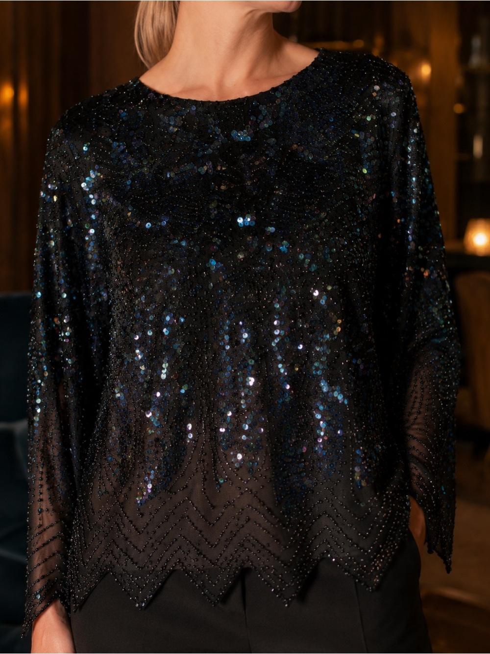 Vintage 80s Iris Sequin Beaded Blouse Scalloped Iridescent Evening Top Size M